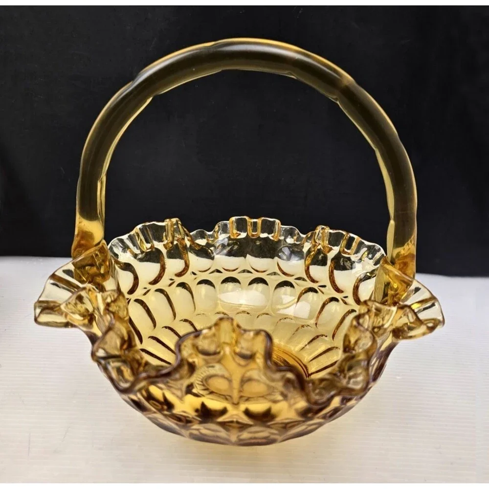 Vintage Fenton Colonial Amber Thumbprint Glass Basket  8